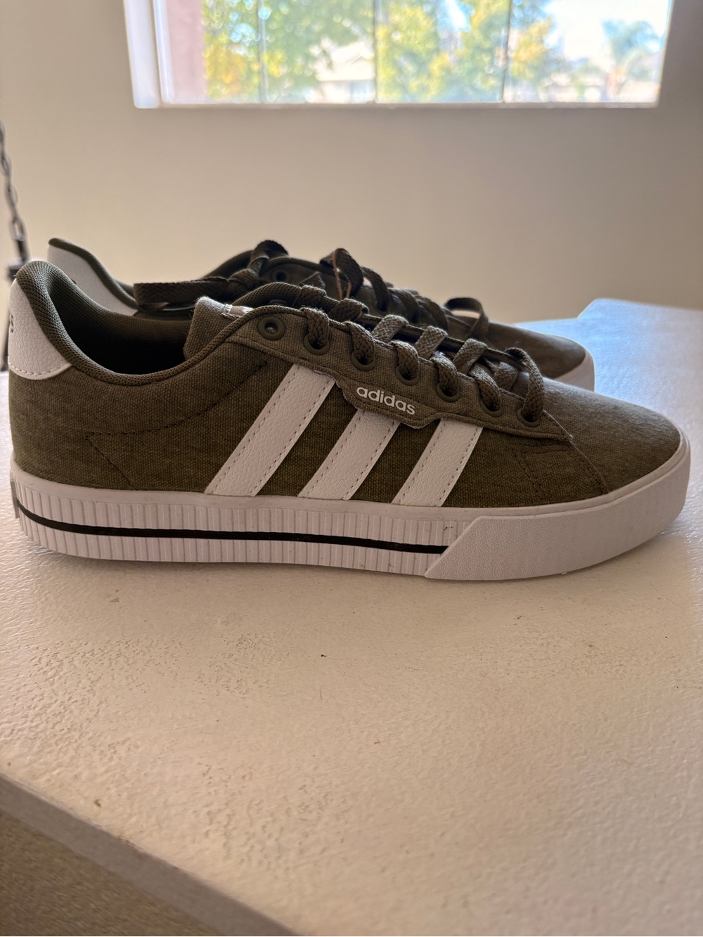 adidas Women’s Olive Green Canvas Sneakers with White Stripes - NEW - Picture 3 of 5
